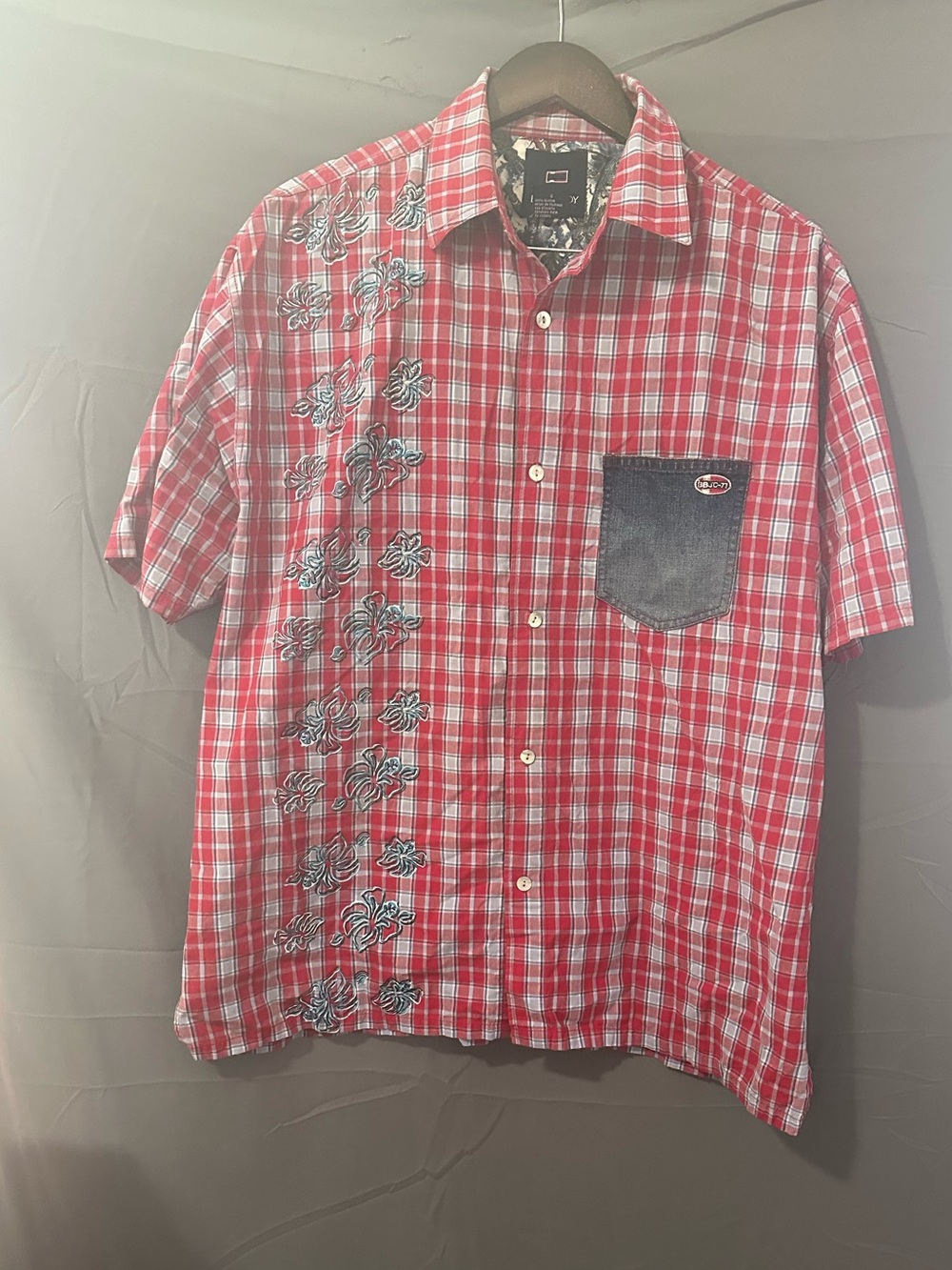 Bugle Boy Red Plaid Short-Sleeve Button-Down with Denim Patch Pocket